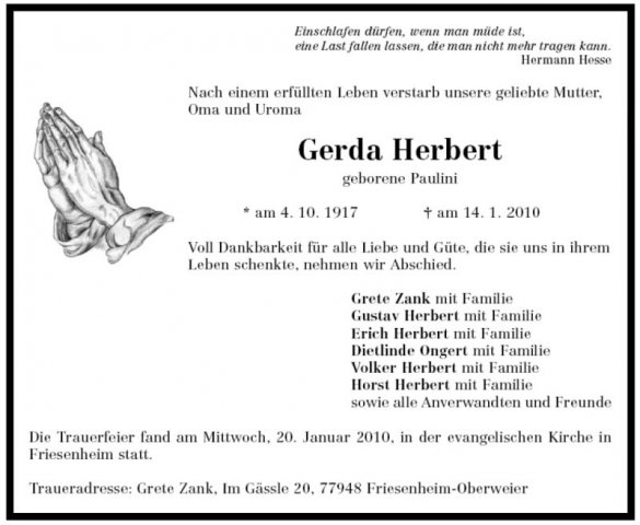 Paulini Gerda 1917-2010 Todesanzeige